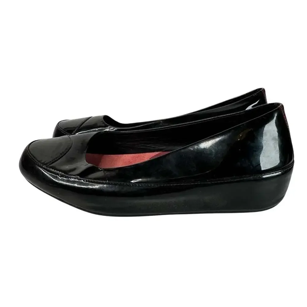 FitFlop Womens Due Patent Ballet Flats Black Leather Platform Comfort Size 11